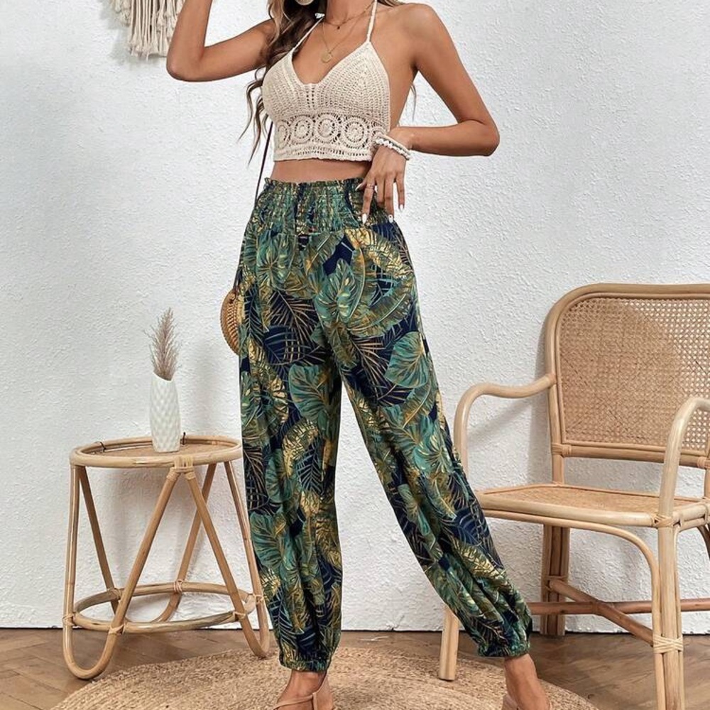 Tropical Print Elastic Waist Carrot Pants